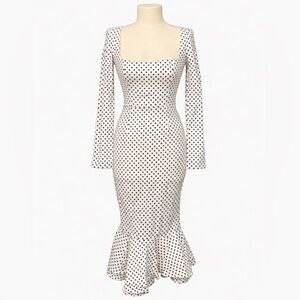 Reformation Style Polka Dot Midi Dress Square Neck Long Sleeve Mermaid Hem